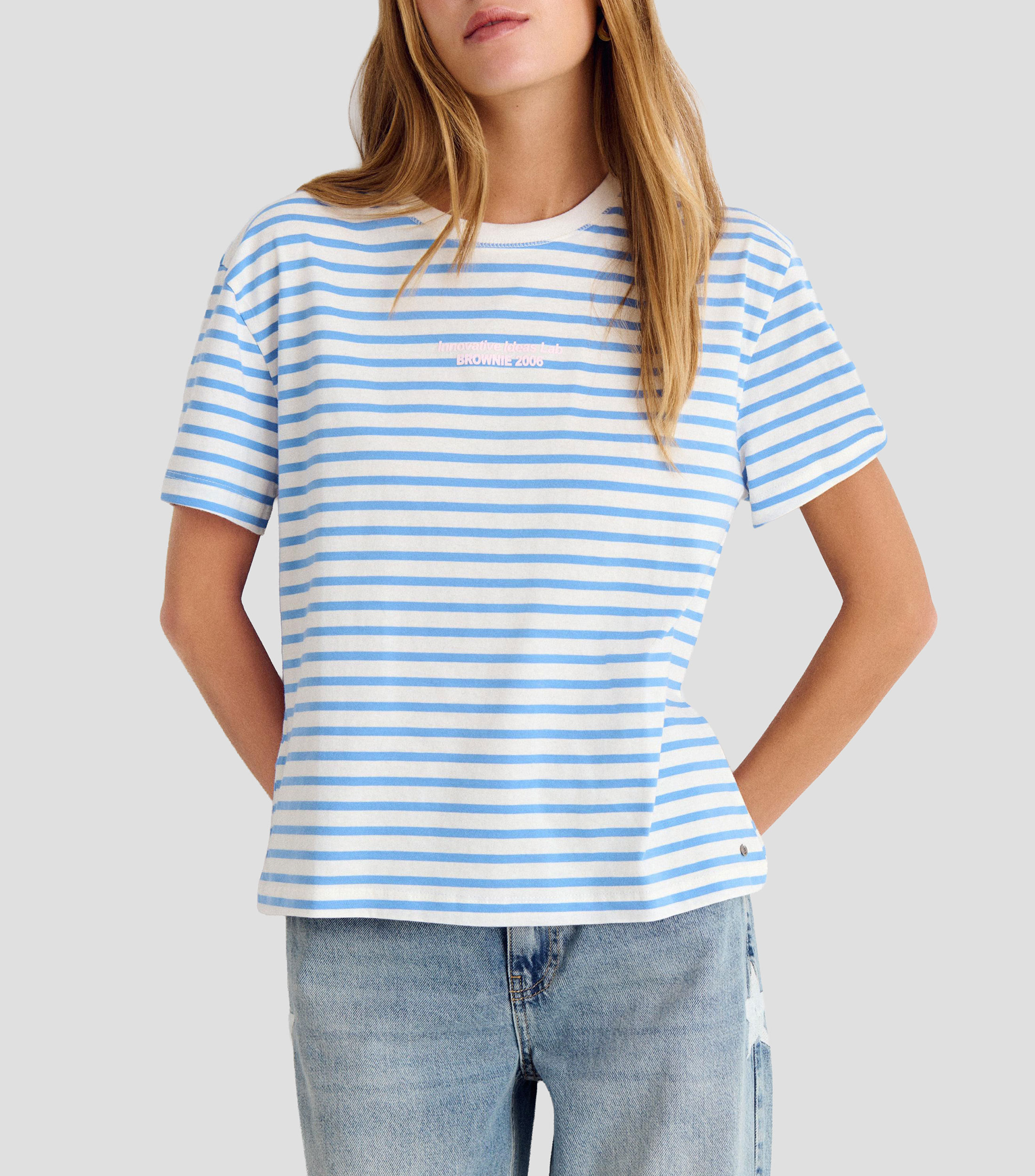 Playera de cuello redondo con manga corta y rayas Mujer